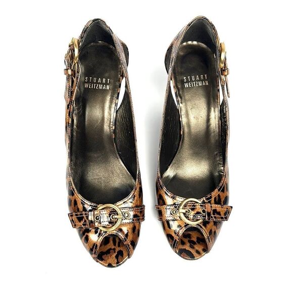 Stuart Weitzman Patent Leather Leopard Animal Print Peep Toe Pumps 6 1/2 - Picture 7 of 15